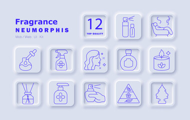 Fragrance set icon. Essential oils, sprayer, flowers, woman smelling aroma, bottle shapes, pyramid of notes, scented candle, air freshener, room spray, relaxing sofa, fragrance therapy.