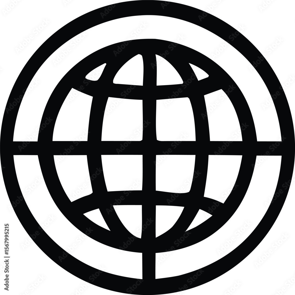 Poster simple black and white stylized globe icon with concentric circles and latitude longitude lines repr