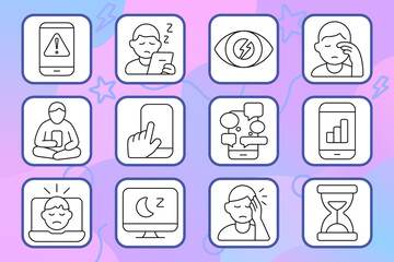 Digital fatigue set icon. Tired eyes, mobile alert, long screen time, headache, social overload, notifications, blue light, device use.
