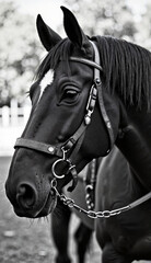 Black horse portrait with calm expression in outdoor setting, copy space