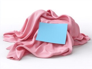 Blank Blue Note Card on Pink Draped Fabric Background