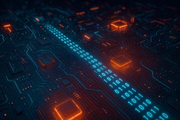 Obraz premium Futuristic Circuit Board with Glowing Binary Code A Glimpse into the World of Artificial Intelligence and Technological Advancements
