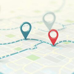 Three location pins mark a route on a stylized map with roads and green areas, suggesting navigation.