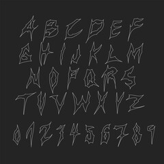 Grunge alphabet with capital letters. Vector font with tribal-style grunge outlines, hand-drawn. Includes letters and numbers.