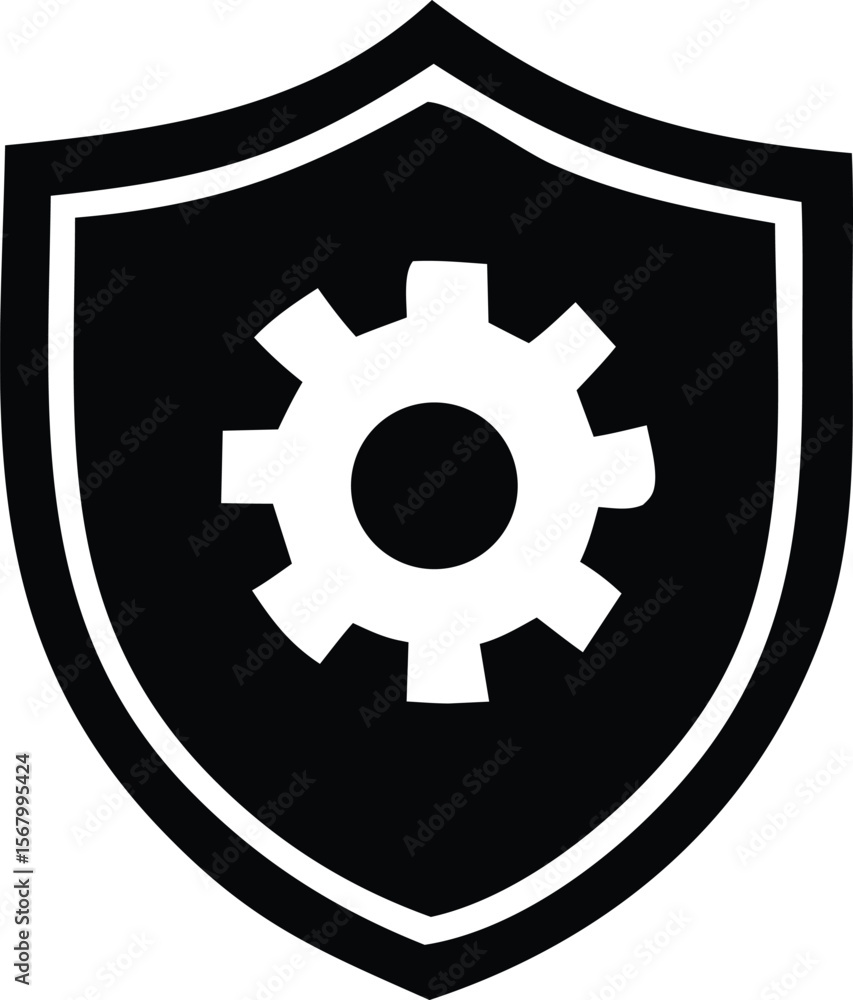 Poster black shield icon with a white gear symbol inside representing security engineering and operational 