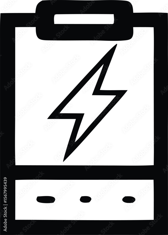Poster simple black and white icon representing a device with a lightning bolt symbol indicating power or c