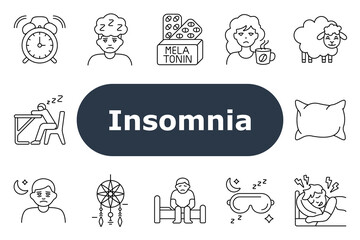 Insomnia set icon. Alarm clock, sleepless person, melatonin, sad face, sheep, pillow, drowsiness, moon, dreamcatcher, sitting in bed, sleep mask, disturbed sleep, bedtime issue.