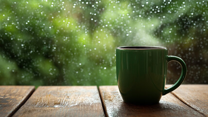Cozy Green Mug with Steam on a Rainy Day