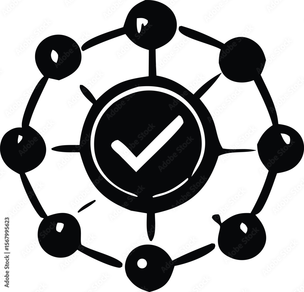 Poster abstract network of interconnected nodes with a central verified checkmark symbol representing succe