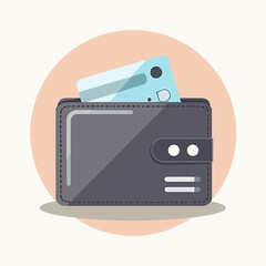 A stylized illustration of a wallet with a credit card inserted, set against a circular backdrop.