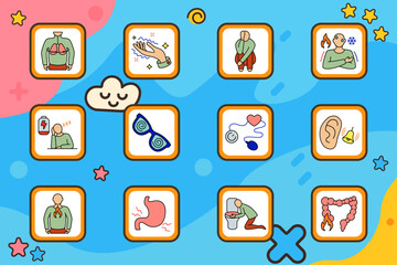 Health symptom set icon. Lung pressure, tingling arms, crouching figure, temperature fluctuation, drowsiness, spiral glasses, blood pressure, ear ringing, throat burn, stomach ache, vomiting, colon