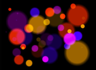 Colorful blurred circles with smooth glow and layered transparency on black background. Random soft shapes form festive abstract depth with no symmetry or focal point.