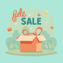 An illustration depicting a "Sale" event, with an open gift box and floating presents against a light green background.