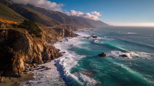 Rugged coastline shows rocky cliffs descending into ocean with waves road winding alongside - Powered by Adobe