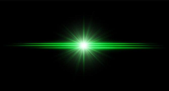 Green flare. Bright horizontal glow with radial light beams, high contrast center burst on dark background, clean illumination with sharp edges and soft halo.