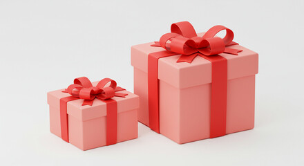 Obraz premium Two pastel pink gift boxes with vibrant red ribbons sit side-by-side on a white background, a cheerful festive scene.
