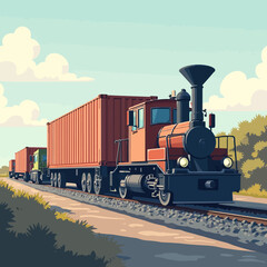 Vintage steam locomotive pulling a freight train across a landscape, conveying cargo containers.