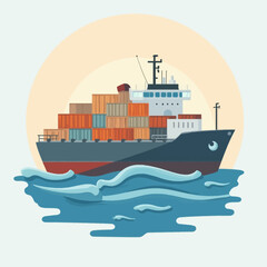 A cargo ship loaded with containers floats on calm water at sunset.