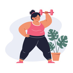 Confident Plus-Size Woman Lifting Dumbbell in Home Workout