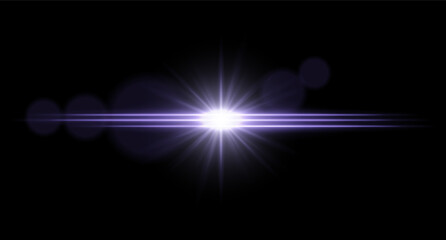 Bright light horizontal light flare with central glow and radiant starburst. Sci-fi visual effect on dark background.