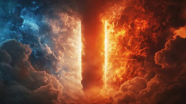 Cinematic Animation of Heaven&rsquo;s Paradise and Fiery Hell Gate with Ethereal Light and Smoke Effects