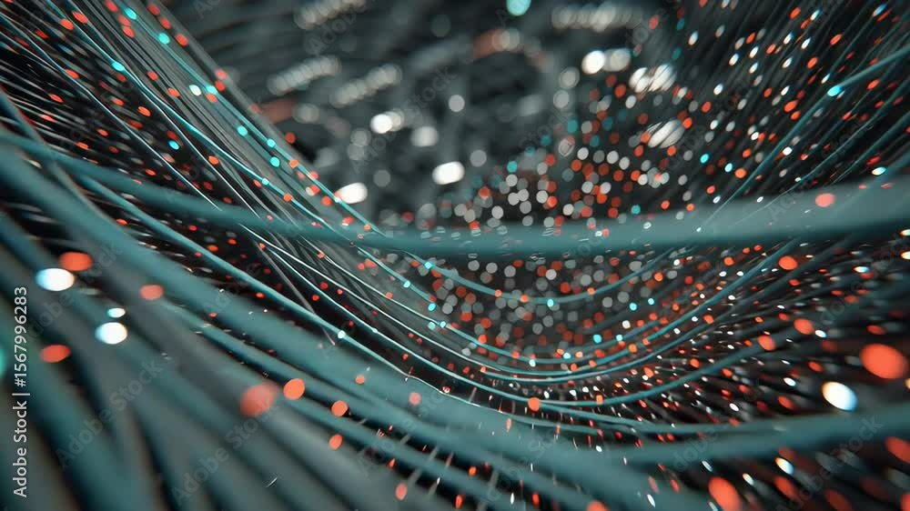 Poster abstract view of colorful light trails and cables in a dynamic digital environment