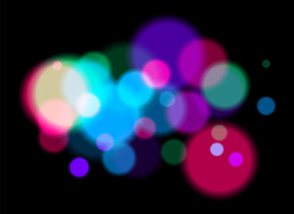 Colorful bokeh. Soft blurred circles in pink, blue, orange tones on dark background create dreamy abstract atmosphere with layered transparency and glowing effect.