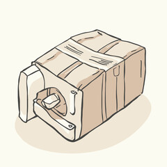 A hand-drawn illustration of a wrapped package with tape, depicting a delivery or shipment item.
