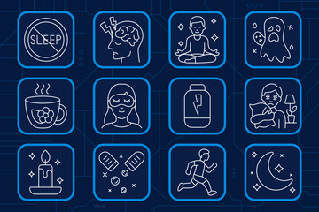 Sleep hygiene set icon. No sleep, headache, meditation, nightmare, tea, sleep mask, supplement, hugging pillow, candle, pills, running, moon, sleep improvement