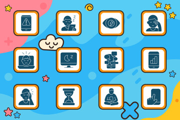 Digital fatigue icon. Mobile alert, sleepy person with phone, eye strain, rubbing eyes, laptop stress, night screen, chat overload, app usage, chart analytics, headache, time stress, sitting device