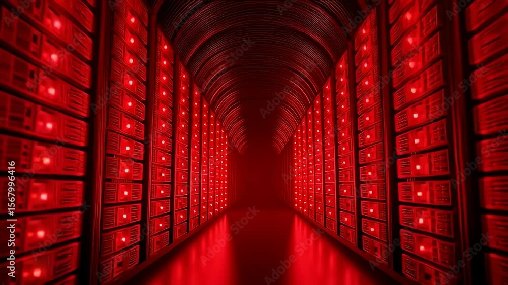 Poster futuristic data center tunnel with red lights and high-tech server racks for technology background