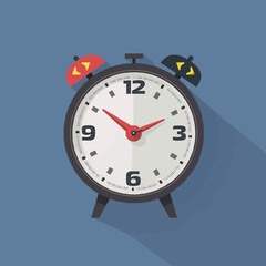 Classic black alarm clock showing the time, flat design illustration.