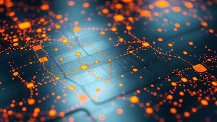 Glowing orange patterns on a metal surface, representing industrial innovation and technology.