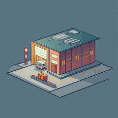Isometric illustration of a warehouse receiving goods via truck and rail, showcasing efficient logistics.