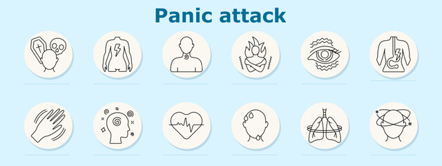 Panic attack set icon. Shows stethoscope, chest fire, tired person, dizziness glasses, heartburn, stomach pain, lungs, inflamed intestine, vomiting, ear ringing, crouched posture, trembling hand