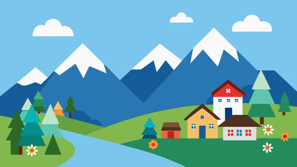 Charming Vector Illustration of a Small Alpine Village with Mountains