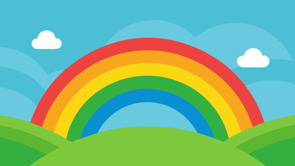 Cheerful Cartoon Illustration of a Vibrant Rainbow Arching Over Green Fields