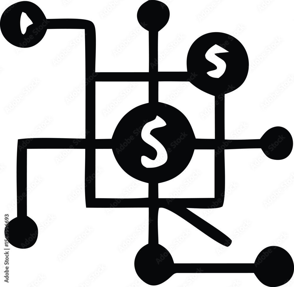 Poster abstract black and white symbol featuring interconnected lines and circles with a stylized letter s 