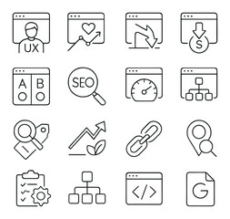 Seo and web design collection, digital marketing and online presence icon set