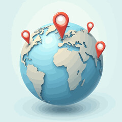 Cartoon globe with red location markers indicating various global destinations.