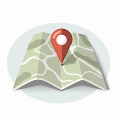 Folded map illustration with a red location pin marking a specific point, set against a light background.