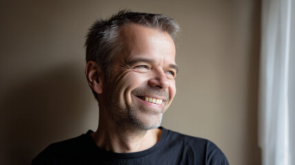 Obraz premium Smiling middle-aged man with grey hair, warm natural light; a portrait of confidence and approachability