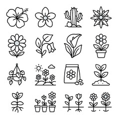 Floral doodle icon collection: flower, botanical, garden themes for creative design