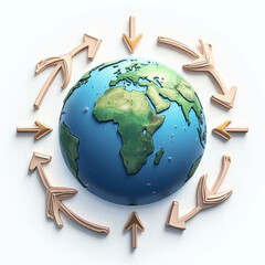 Global interconnectedness depicted by arrows surrounding a detailed Earth model.