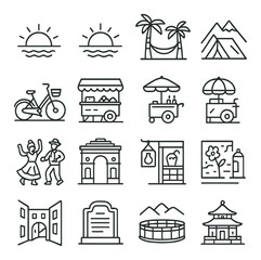 Tourist attraction icon collection: travel destination symbols for holiday and vacation planning