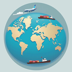 Global transportation network depicted on a stylized world map, featuring airplanes and cargo ships.