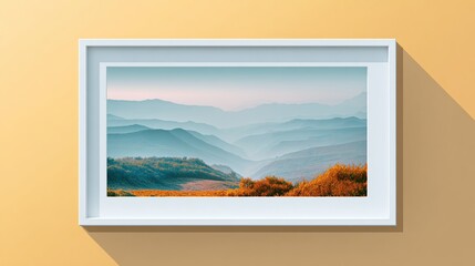 Framed landscape art showing layers of blue mountains during sunrise, adding warmth with gold
