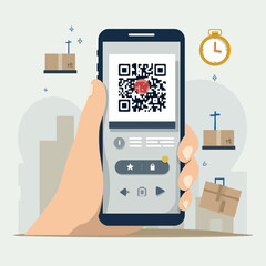 Smartphone displaying QR code for package tracking and management.