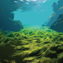 Algae on the ocean floor with natural sunlight, underwater seascape in the Atlantic ocean, Spain, Galicia