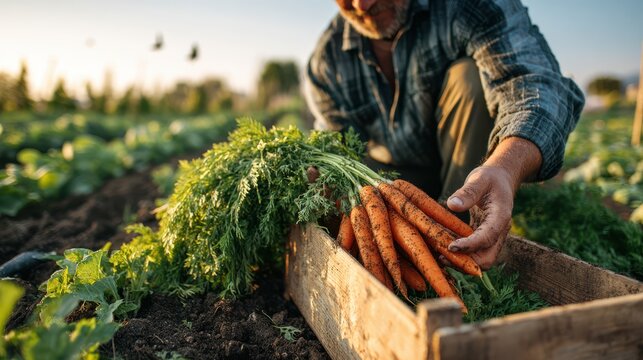 Farmer holding freshly picked carrots with green tops in a wooden crate in a field under a clear sky